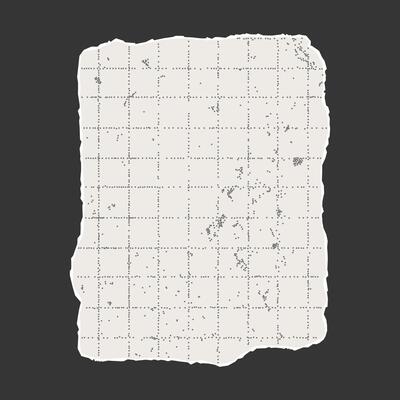 Torn sheet of checkered paper with jagged edges on dark background. Dotted textured background, noisy gritty effect. Banner template, empty space for text, torn aged element.