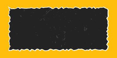 Black rectangular frame with vintage gritty texture, element with jagged edges isolated on yellow background. Old torn ripped paper, banner template. vector