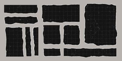 Set of black torn rectangular sheets of checkered paper with jagged edges. Ripped vintage elements of different shapes. Empty space for text, banner template vector