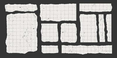 Set of vintage torn rectangular sheets of aged checkered paper with jagged edges. Torn elements of different shapes and sizes with gritty texture. Empty space for text, banner template. vector