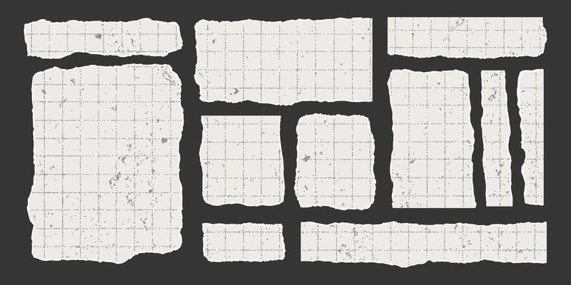 Set of vintage torn rectangular sheets of aged checkered paper with jagged edges. Torn elements of different shapes and sizes with gritty texture. Empty space for text, banner template.