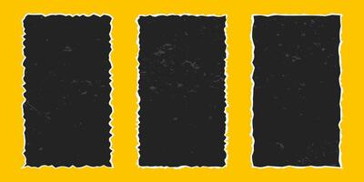Set of vertical black rectangular frames made of torn paper with vintage gritty texture, elements with jagged edges isolated on yellow background. Old ripped paper. vector