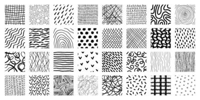 Set of patterns with different pencil textures. scribbles, crosshatch, horizontal and wave strokes, rain, stripes, organic shapes. Black ink lines isolated vector