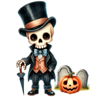 A whimsical skeleton in a top hat stands beside a pumpkin and gravestones, perfect for Halloween-themed designs. png
