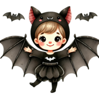 Adorable child dressed as a bat, showcasing playful spirit and creativity in a cute Halloween costume with wings. png