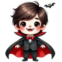 A cute vampire character with a stylish cape and bow tie, perfect for Halloween themes and children's illustrations. png