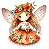 A whimsical fairy character with autumn leaves, flowers, and delicate wings, perfect for enchanting illustrations and designs. png