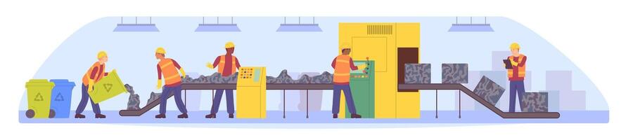 Cartoon Color Characters People and Garbage Recycling Process on Conveyor Concept. vector
