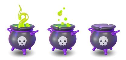 3d Different Witch Cauldron Set Halloween Concept Cartoon Design Style vector
