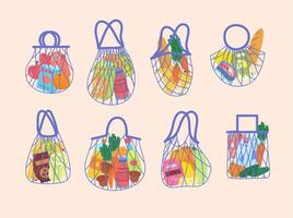 Cartoon Color Grocery String Bag Set. vector
