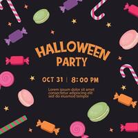 Halloween party invitation with colorful candy background. Festive design for party invitations, social media, festive event promotions. vector