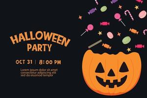 Halloween party invitation design with a jack-o'-lantern and candy. Perfect for creating festive party invitations, event flyers, posters, and social media announcement for Halloween celebration. vector