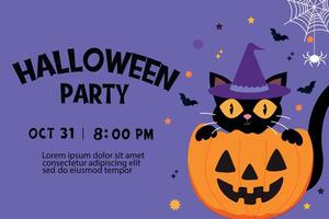 Halloween party invitation, greeting card, or poster with cute pumpkin, black cat and bats on purple background . Design template for advertising, web, social media, event promotion, greeting card. vector