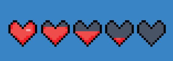 Pixel heart game health bar with decreasing red hearts on a blue background. Life or energy levels in a retro game style. 8 bit life bar with red hearts retro 80s, 90s gaming interface. vector
