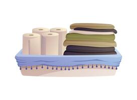 Decorative interior tray, storage container with rolls of paper towels and stack of folded rags or towels. isolated cartoon illustration. vector