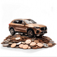 car model on top of coins on transparent background png