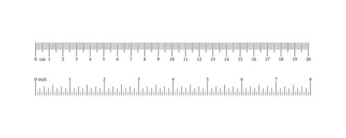 Scale 20 centimeter, 8 inch with markup, numbers. Distance, height, length measurement, sewing tool. Measuring charts, metric, imperial units. Template on white background. vector