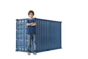 Young boy standing in front of a shipping container. Isolated on transparent background png
