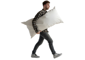 Tired man walking with a pillow. Isolated on transparent background png