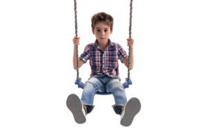 Boy Sitting on Swing Looking at Camera. Isolated on transparent background png
