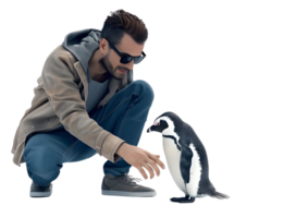 Man interacting with a penguin. Isolated on transparent background png