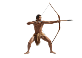 Man aiming bow and arrow. Isolated on transparent background png