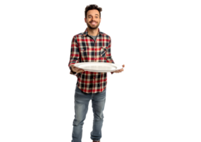 Smiling Man Holding Empty Plate. Isolated on transparent background png