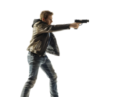 Man with gun pointing. Isolated on transparent background png