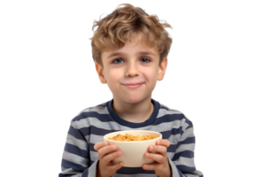 Young boy enjoying a bowl of cereal. Isolated on transparent background png