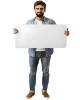 Man holding blank sign, smiling and looking at the camera. Isolated on transparent background png