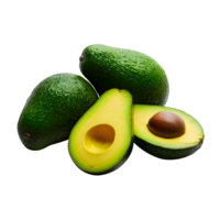 Green Avocados with half slices and a brown seed in the middle, isolated on transparent background, Fresh organic Avocado fruit png