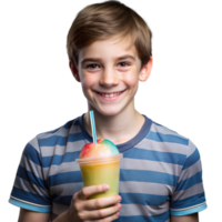 A young boy is holding a cup of ice cream with a straw in it png