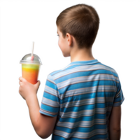 uma Garoto é segurando uma Palha dentro uma copo do uma colorida beber png