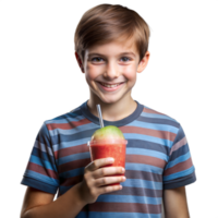 uma jovem Garoto é segurando uma Palha dentro dele boca enquanto segurando uma copo do uma beber png