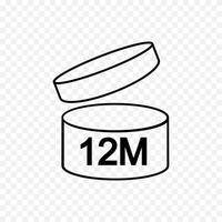 12m PAO icon. 12 months period after opening sign. Thin line jar with open lid and numbers. Product freshness time. Cosmetic, shampoo, makeup validity label isolated vector