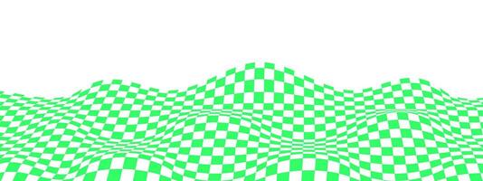 Warped texture with green and white squares. Undulate chessboard, race flag, textile plaid, tile floor surface. vector