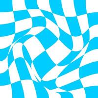 Distorted chessboard background. Checkered optical illusion. Dizzy psychedelic pattern with warped blue and white squares. Trippy checkerboard surface vector