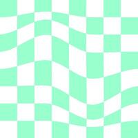 Distorted chessboard texture. Checkered optical illusion. Psychedelic dizzy pattern with warped green and white squares. Trippy checkerboard background. vector