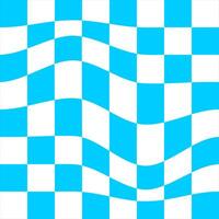 Distorted chess board background. Undulate plaid texture. Checkered visual illusion. Psychedelic pattern with warped blue and white squares. Trippy checkerboard surface. vector