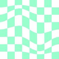 Distorted chess board background. Undulate plaid texture. Checkered visual illusion. Psychedelic pattern with warped blue and white squares. Trippy checkerboard surface. vector