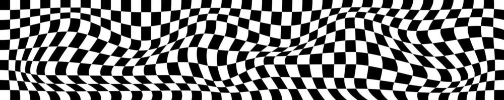 Distorted chessboard background. Checkered optical illusion. Psychedelic dizzy pattern with warped black and white squares. Trippy checkerboard surface. Race flag texture. vector