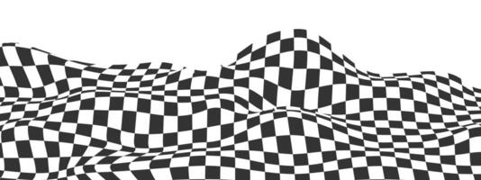 Waved checkered pattern background in y2k style. Warped texture with black and white squares. Undulate chessboard, race flag, textile plaid, tile floor surface. vector