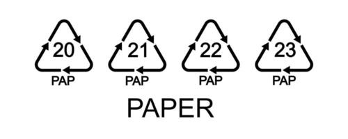 Paper or cardboard recycling signs. 20, 21, 22, 23 PAP in triangular shapes with arrows. Reusable icons isolated on white background. Environmental protection pictograms. vector