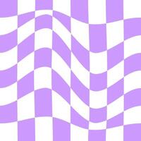 Distorted chess board background. Checkered visual illusion. Psychedelic pattern with warped purple and white squares. Dizzy checkerboard surface. vector