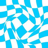 Distorted chess board background. Undulate plaid texture. Checkered visual illusion. Psychedelic pattern with warped blue and white squares. Trippy checkerboard surface. vector