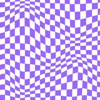 Psychedelic pattern with warped purple and white squares. Distorted chessboard background. Dizzy checkered optical illusion in y2k style. Trippy checkerboard surface. vector
