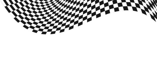 Wavy race flag or chessboard texture. Black and white checkered pattern warped in perspective. Motocross, rally, sport car or chess game competition banner layout. vector