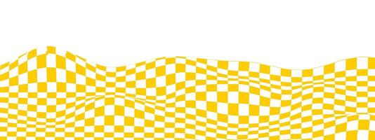 Waved checkered pattern background. Warped texture with orange and white squares. Undulate chessboard, textile plaid, tile floor surface. vector