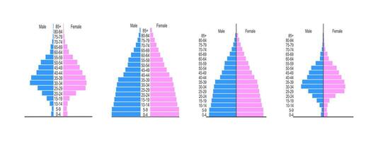 Set of population pyramids. Age structure diagram templates. Examples of population distribution by male and female groups with different age. vector