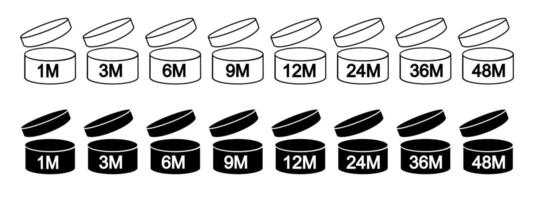 PAO icons pack. Period after opening signs. Jars with open lids and months numbers. Product freshness time. Cosmetic, shampoo, makeup validity labels isolated on white background. vector